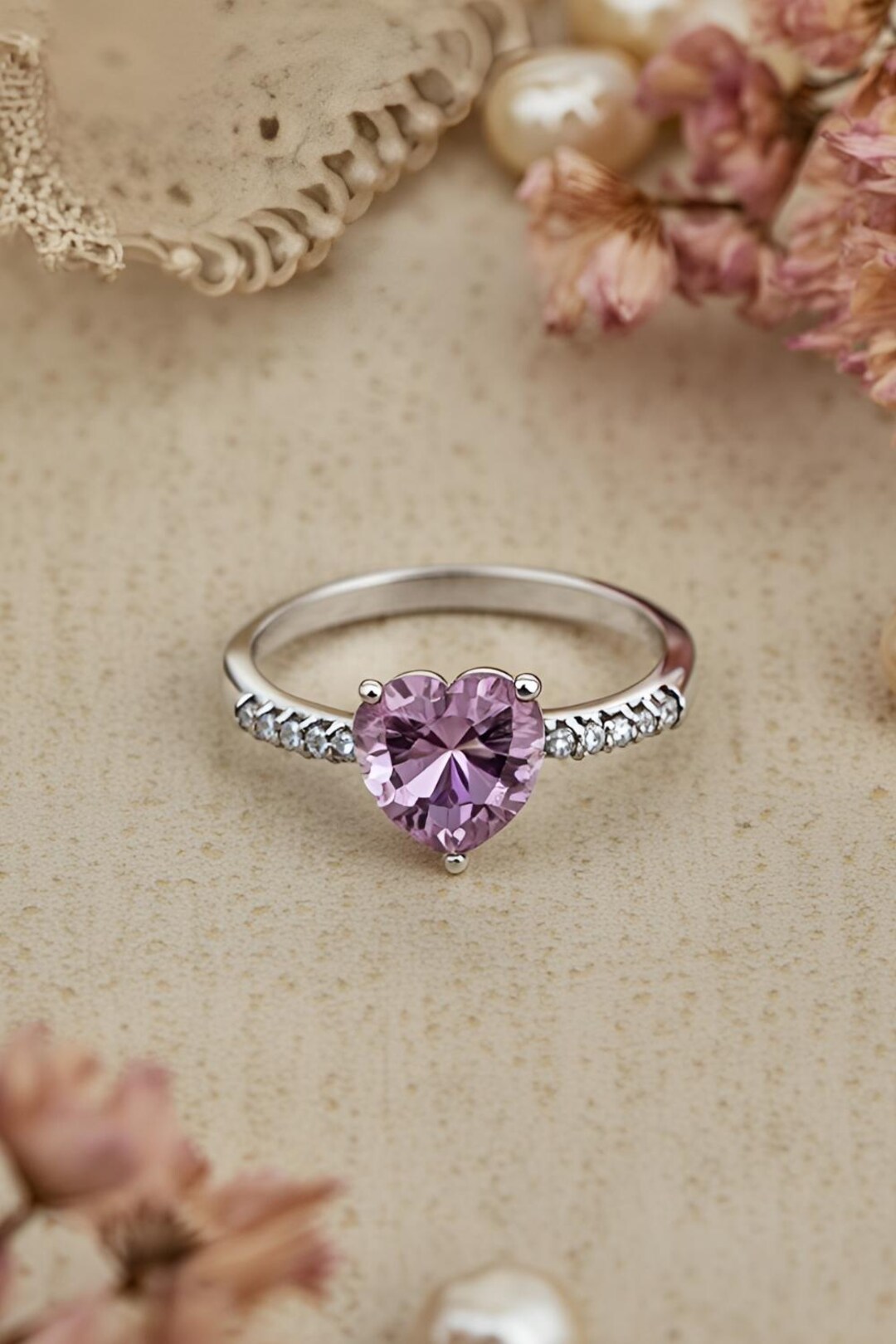 Pink Heart Ring Sterling Silver Promise Ring, Cubic Zirconia  display picture 1
