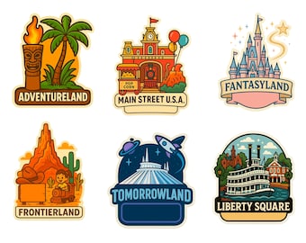Disney Park Lands Sticker Pack | Adventureland, Main Street U.S.A, Fantasyland, Frontierland, Tomorrowland, Liberty Square | Vintage Style