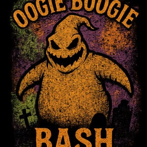 Puede incluir: Gráfico desgastado con el personaje Oogie Boogie de Pesadilla antes de Navidad. La imagen tiene un aspecto vintage texturizado con las palabras "Oogie Boogie Bash" en naranja. El fondo incluye una escena de cementerio con una cruz y lápidas.