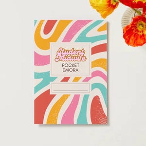 May include: A notebook with a vibrant retro design. The cover has a swirling pattern in orange, pink, teal, and red. The text "Student Midwife POCKET EMORA" is displayed in a white box. A blank space is below the text.