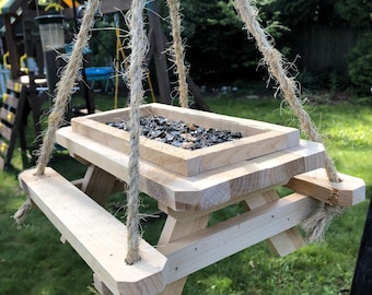 Handcrafted Wooden Cedar Hanging Picnic Table Bird Feeder