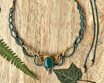 Personalized macrame necklace with brass ornament and gemstone • Elf jewelry • Boho style choker