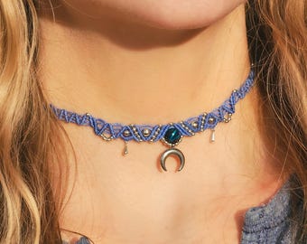 Macrame choker with silver moon pendant and gemstone bead • customizable