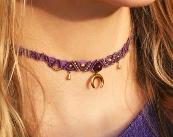 Macrame choker with gold-colored moon pendant and gemstone bead • customizable •