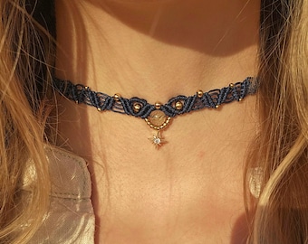 Personalisierter Makramee Choker mit Stern Anhänger • minimalistisch Halskette Edelstein Perle • Geschenkidee