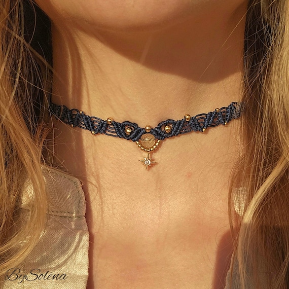 Personalisierter Makramee Choker mit Stern Anhänger • minimalistisch Halskette Edelstein Perle • Geschenkidee