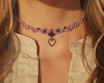 Personalized macrame choker with heart pendant • minimalist necklace with gemstone and pearl • gift idea