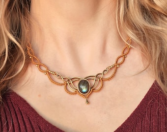 Personalized macrame necklace with brass ornament and gemstone • Elf jewelry • Boho style choker