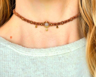 Delicate macrame choker with brass pendant and gemstone bead • customizable • minimalist boho necklace