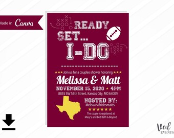 Maroon Texas A&M Tailgate Football Couples Bridal Invitations Digital File Printable, Canva, Editable, Custom Edits, Gold