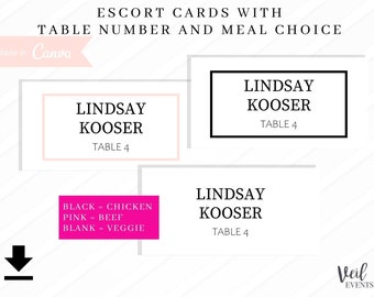 Custom EDIT Wedding Escort and Place Cards with table number and meal choice, Canva Template, Download