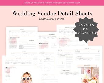 Veil Events Planner Vendor Organization 26 Sheets, Vendor Questions, Vendor time arrivals, Vendor check list, download and print pdf