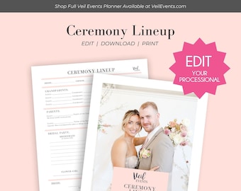 Veil Events Planner Custom Edit Ceremony lineup, Assigned Seating, Rehearsal Processional,  Canva, Fill in the Blank, Download, Aisle church