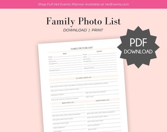 Veil Events Planner Wedding Family Photo List, Download PDF Printable, For Photographers and Brides and Grooms