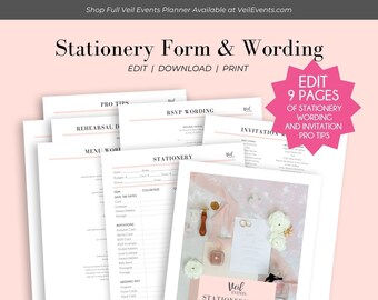 Veil Events Planner Stationery Form with Wedding Invitation wording examples,  rsvp, invitation, reception, no kids, welcome party wording