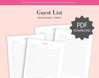 Veil Events Planner Wedding Guest List Download PDF Printable, Meal Choices, Invitation Count, Tables , Address, Thank you Card tracking