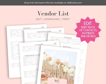 Veil Events Edit Canva Custom Planner Wedding Vendors Checklist Organizer,  Payments, Contact Info, Wedding Professionals, Fill in the Blank
