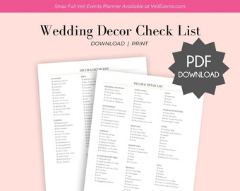 Veil Events Planner Wedding Decor Check List Download PDF Printable, For Brides Planning a Wedding, Cake Table, Guests Table, Organized