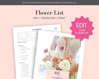 Veil Events Planner Florist Form, Flower wedding list, Florist list, wedding florist form, edit customize for your business