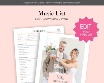 Veil Events Planner Music Florm, for a Bride or a DJ or band planning, Edit this music list and customize it for your wedding or clients