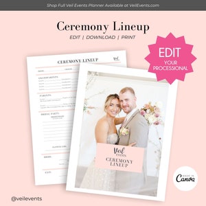 Veil Events Planner Wedding Ceremony Lineup Processional Download PDF Printable, Church lineup. Wedding ceremony timeline,