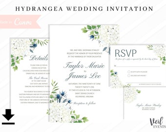 Hydrangea Wedding Invitation & RSVP | Instant Canva Template, Floral Greenery Theme Eucalyptus Thistle Beautiful Wedding Stationery