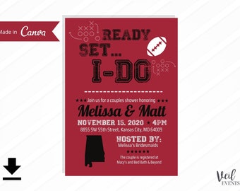 Alabama Crimson Tide Football Couples Bridal Shower Invitations Digital File Printable, Canva, Editable, Custom Edits, Download, Burgundy,