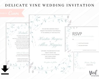 Delicate Vine Wedding Invitation & RSVP | Instant Canva Template, Minimal Sage Greenery Vines Beautiful Wedding Stationery