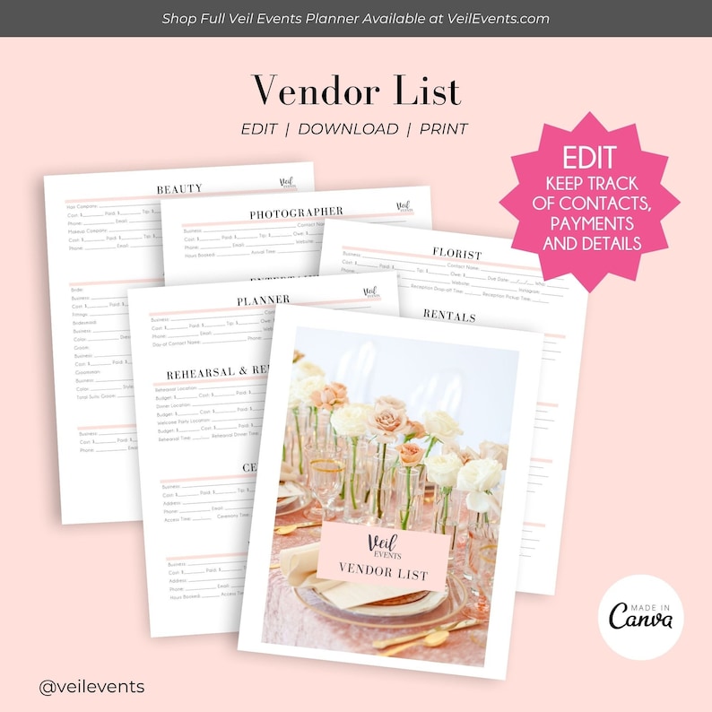 Veil Events Edit Canva Custom Planner Wedding Vendors Checklist Organizer, Payments, Contact Info, Wedding Professionals, Fill in the Blank image 1