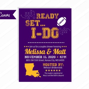 Louisiana State LSU Tigers Football Couples Bridal Shower Invitations Digital File Printable, Canva, Custom Edits, Download, Purple Yellow