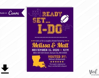 Louisiana State LSU Tigers Football Couples Bridal Shower Invitations Digital File Printable, Canva, Custom Edits, Download, Purple Yellow