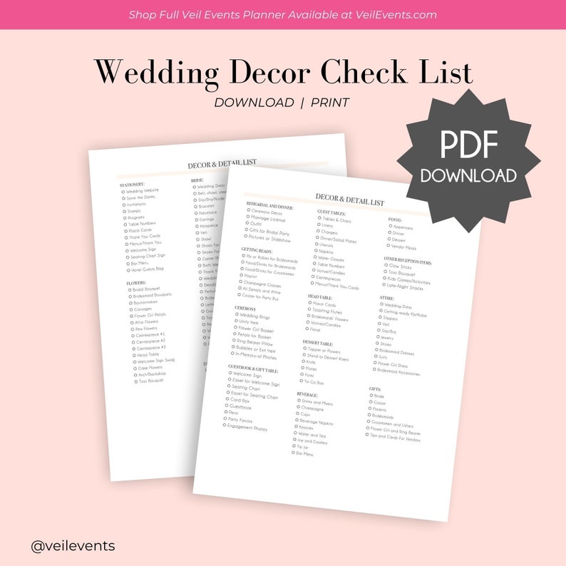 Veil Events Planner Wedding Decor Check List Download PDF Printable, For Brides Planning a Wedding, Cake Table, Guests Table, Organized image 1