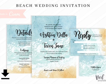 Beach Wedding Invitation Set | Instant Editable Canva Template, Destination Wedding Template, Ocean Sand Tropical Beautiful Wedding