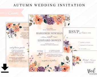 Autumn Watercolor Floral Wedding Invitation w/ Details Insert, RSVP | Instant Canva Template, Digital Printable, Roses Orange Cream, Fall