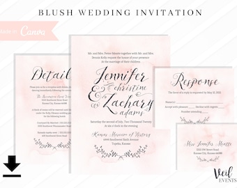 Watercolor Blush Wedding Invitation & RSVP | Instant Canva Template, Watercolor Pink, floral, calligraphy Beautiful Wedding Stationery