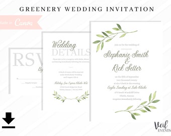 Greenery Wedding Invitation, Details Insert and RSVP, Canva, Instant Download, Template, Printable, Eucalyptus, White, Ivory, Stationery