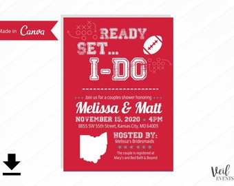 Ohio State Buckeyes Tailgate Football Couples Bridal Shower Invitations Digital File Printable, Canva, Custom Edits, Download Red and White