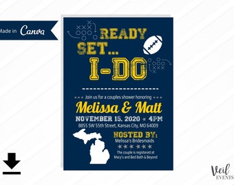 Michigan Wolverines Football Couples Bridal Shower Invitations Digital File Printable, Canva, Editable, Custom Edits, Download, Navy Yellow,