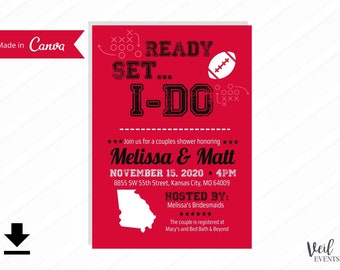 Georgia Bulldogs Tailgate Football Couples Bridal Shower Invitations Digital File Printable, Canva, Editable, Custom Edits, Download, Red