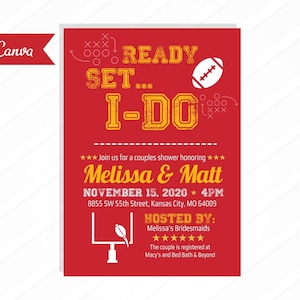 Kansas City Chiefs Football Couples Bridal Shower Invitations Digital File Printable, Canva, Editable, Custom Edits, Download, Red White