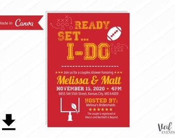 Kansas City Chiefs Football Couples Bridal Shower Invitations Digital File Printable, Canva, Editable, Custom Edits, Download, Red White