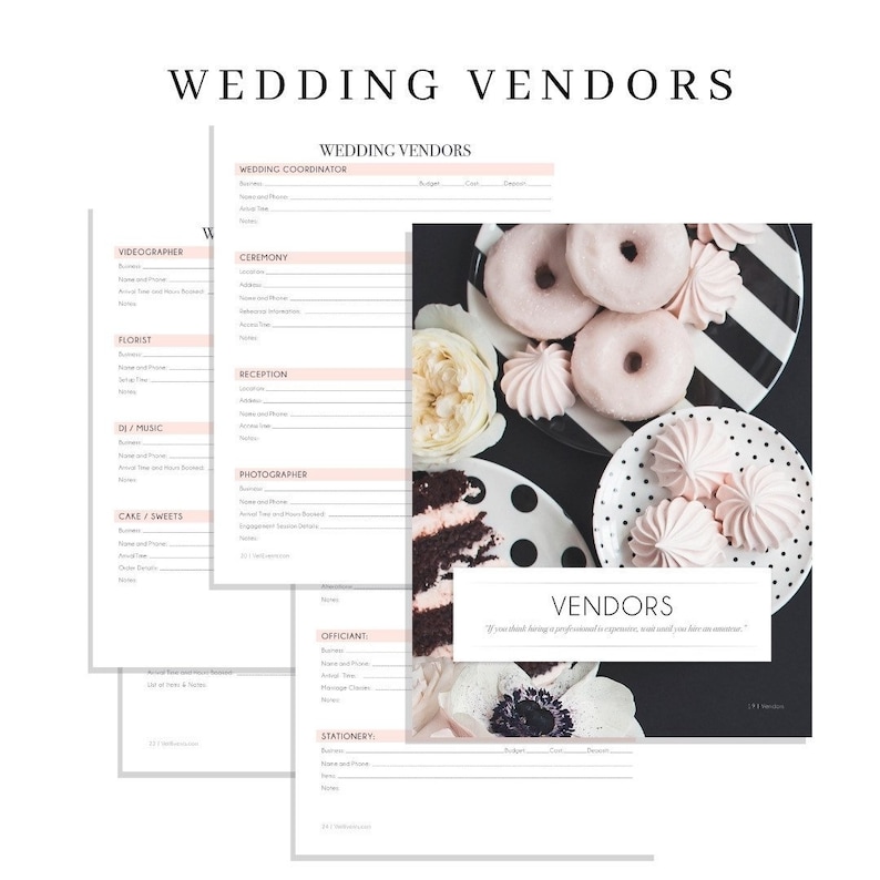May include: A styled photograph featuring wedding vendor planning sheets with text "WEDDING VENDORS". The image includes plates of pink frosted donuts and meringues, a slice of chocolate cake, and white flowers.