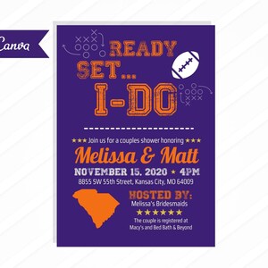 Clemson South Carolina Tailgate Football Couples Bridal Shower Invitations Digital File Printable, Canva, Editable, Custom Edits, Orange