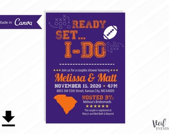 Clemson South Carolina Tailgate Football Couples Bridal Shower Invitations Digital File Printable, Canva, Editable, Custom Edits, Orange