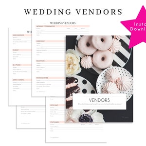 May include: Wedding vendor planning sheets with a pink and white design. The sheets include sections for various vendors, such as videographers, florists, and photographers. The image also features desserts like donuts and meringues.