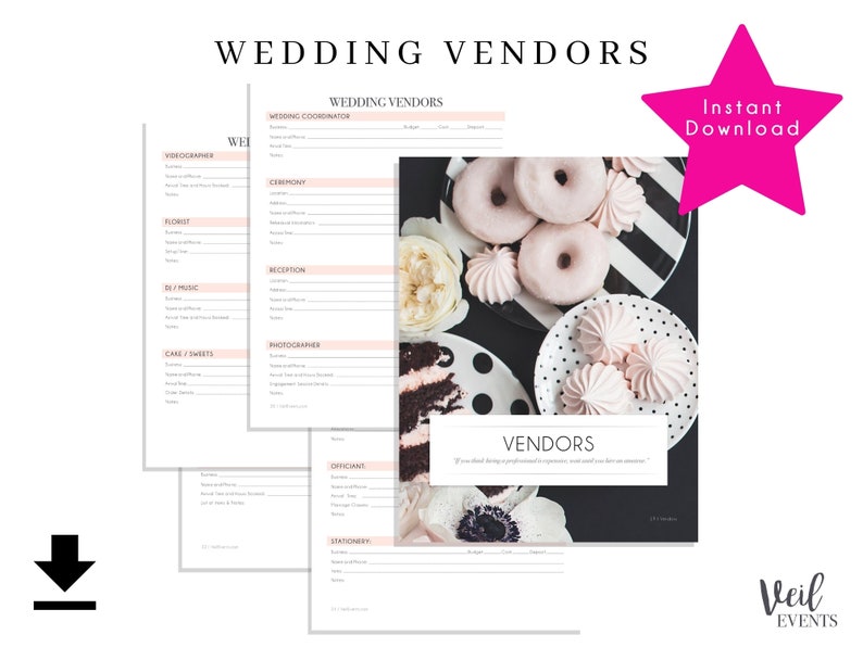 May include: Wedding vendor planning sheets with a pink and white design. The sheets include sections for various vendors, such as videographers, florists, and photographers. The image also features desserts like donuts and meringues.