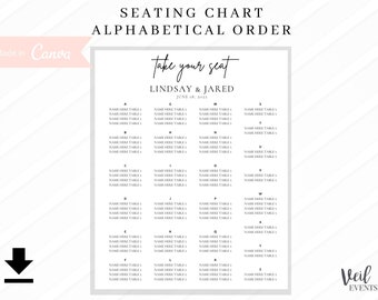 Custom EDIT Wedding Seating chart, Order by alphabetical order, 24 x 30 Sign, Add in guests name and table numbers, Canva Template, Download