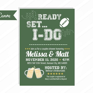 Convites para chá de panela de casal, futebol, cerveja, arquivo digital, imprimível, Canva, editável, cores personalizadas, download