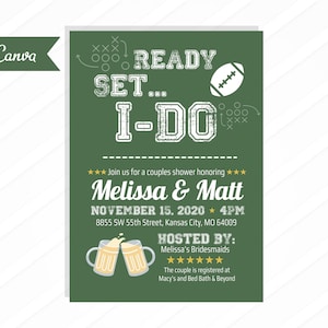 Beer Drinking Tailgate Football Couples Bridal Shower Invitations Digital File Printable, Canva, Editable, Custom Edit colors, Download image 1