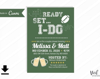 Beer Drinking Tailgate Football Couples Bridal Shower Invitations Digital File Printable, Canva, Editable, Custom Edit colors, Download